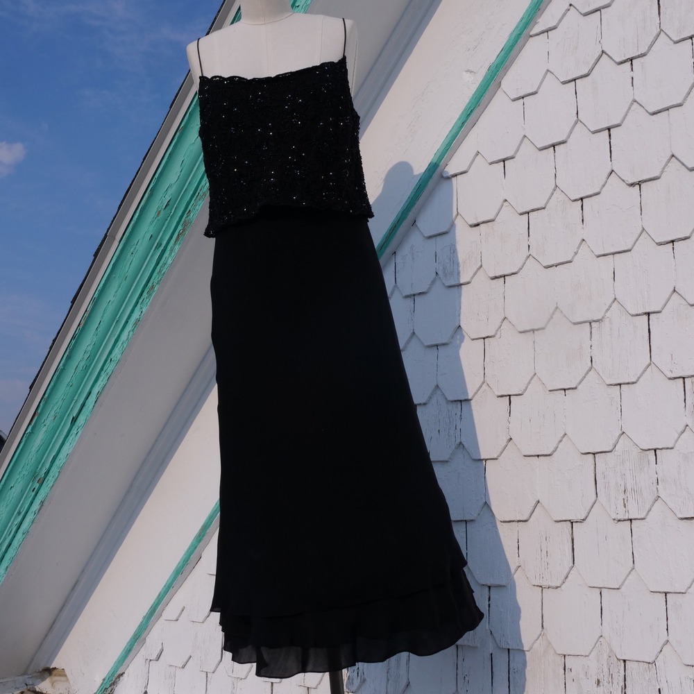 Gorgeous y2k/modern Lauren Ralph Lauren bias cut beaded black silk midi dress